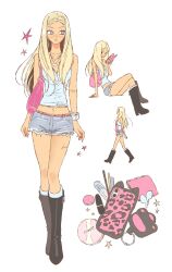  1girl animal_print ban_(bango) bare_shoulders blonde_hair blue_eyes denim denim_shorts earrings fingernails full_body gyaru heart heart_necklace highres jewelry leopard_print long_fingernails long_hair multiple_views necklace original pink_nails shorts sleeveless smile solo tan 