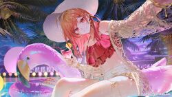 1girl ahoge belt bikini blush bracelet breasts clouds cloudy_sky collarbone company_name copyright_notice corn_dog cup drinking_straw earrings eyewear_hang fingernails food fruit glass gradient_hair grin hat highres holding holding_cup hololive hololive_dreams ichijou_ririka ichijou_ririka_(night_summer_smile) inflatable_flamingo innertube jewelry legs lemon lemon_slice long_hair long_sleeves looking_at_viewer multicolored_hair nail_polish necklace night non-web_source official_alternate_costume official_art outdoors palm_tree pink-tinted_eyewear pink_eyes pink_hair pink_nails pong_(pong_o0) red_bikini second-party_source shirt sitting skirt sky smile solo star_(sky) starry_sky swim_ring swimsuit teeth thighs tinted_eyewear tray tree two-tone_hair unworn_eyewear virtual_youtuber white_belt white_hat white_shirt white_skirt yellow-framed_eyewear 