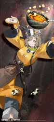  1girl @_@ absurdres arms_up bare_shoulders blue_pants bowl breasts brown_background brown_eyes brown_hair closed_mouth copyright_name copyright_notice feet_out_of_frame highres large_breasts logo long_shirt mittens official_art official_wallpaper pants pot_on_head shirt short_hair short_sleeves smile solo spoon xinyue_tongxing xufei_(xinyue_tongxing) yellow_mittens yellow_shirt 
