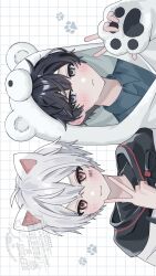  2boys :3 absurdres aegyo_sal after_the_rain ahoge animal_ears animal_hands animal_hood barcode barcode_tattoo bear_hood black_hair blue_eyes blue_shirt blush cat_boy cat_ears cheek_tattoo collared_shirt commentary_request dot_nose double-parted_bangs gloves grid hair_between_eyes hand_up highres hood hood_down hood_up hoodie indie_utaite inward_v kemonomimi_mode looking_at_viewer mafumafu male_focus multiple_boys noaruru_1103 paw_gloves portrait red_eyes shirt short_hair sideways simple_background soraru tattoo utaite v v-shaped_eyebrows white_background white_hair white_hoodie 