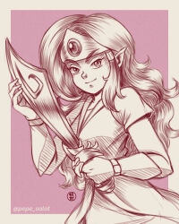  1girl artist_logo arzette:_the_jewel_of_faramore breasts circle commentary english_commentary hair_ornament hatching_(texture) holding holding_sword holding_weapon jose_salot logo medium_breasts monochrome pink_background pointy_ears princess_arzette sketch smile solo sword twitter_username upper_body v-shaped_eyebrows vambraces weapon 