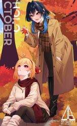  :o absurdres alternate_costume artist_name autumn autumn_leaves black_boots black_hair black_pantyhose blanc_(studio_artblock) blonde_hair blue_eyes blue_hair boots bow brown_coat brown_scarf buttons coat earrings feet_out_of_frame fingernails full_body grey_pants hair_between_eyes hair_bow hair_intakes hairband hand_in_pocket head_back highres holding holding_leaf hololive hololive_english hololive_indonesia jewelry kaela_kovalskia knee_boots leaf leaning_forward leg_warmers long_sleeves looking_at_another looking_at_leaf looking_down looking_up multicolored_hair open_clothes open_coat open_mouth ouro_kronii outdoors pants pantyhose parted_lips plaid_clothes plaid_scarf plaid_skirt red_bow red_eyes red_hairband red_scarf scarf sidelocks sitting skirt sleeves_past_wrists sweater tree trench_coat twitter_logo twitter_username two-tone_hair vgen_logo vgen_username virtual_youtuber white_leg_warmers white_sweater zipper zipper_pull_tab 
