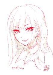  1girl black_choker choker commentary_request ear_piercing gyaru highres jewelry kitagawa_marin long_hair looking_at_viewer ootori_karen piercing red_eyes sketch smile sono_bisque_doll_wa_koi_wo_suru 