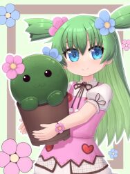  1girl apron blue_eyes brown_background brown_ribbon cactus commentary_request creature dress emil_chronicle_online floral_background flower flower_pot flower_wristband green_background green_hair hair_flower hair_ornament heart heart_print highres holding holding_flower_pot long_hair neck_ribbon pink_apron ribbon rna0 shabotan_alma smile solo two_side_up white_dress 