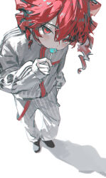  1girl absurdres black_shoes blush candy commentary dino_(dinoartforame) drill_hair food food_in_mouth grey_jacket grey_pants hand_in_pocket highres holding holding_candy holding_food holding_lollipop jacket kasane_teto leaning_back lollipop lollipop_in_mouth medium_hair pants red_hair shoes solo twin_drills untranslatable_commentary utau 