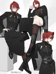  1girl ange_katrina ange_katrina_(9th_costume) asymmetrical_bangs belt black_belt black_boots black_coat black_corset black_eyeshadow black_shirt black_skirt boots braid braided_bangs breasts brown_socks button_up_skirt coat coat_on_shoulders collared_shirt corset eyeshadow eyewear_strap foreshortening glasses gold_necklace grey_background grey_coat hair_over_one_eye hands_on_own_hips highres jewelry kamitoge_supino lace-up_boots lapels long_hair long_skirt makeup medium_breasts medium_hair multiple_belts multiple_views necklace nijisanji notched_lapels pendant pleated_skirt puffy_sleeves red_hair round_eyewear shirt shirt_tucked_in side_slit signature simple_background single_hair_intake sitting skirt sleeves_past_wrists socks two-sided_coat two-sided_fabric violet_eyes virtual_youtuber white_background yellow-framed_eyewear 
