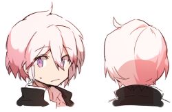 1boy ahoge alternate_eye_color alternate_hair_color anpolly black_jacket closed_mouth commentary_request from_behind gakuseifuku_no_otokonoko_(sekaiju) hair_between_eyes jacket looking_at_viewer male_focus multiple_views open_clothes open_jacket pink_hair portrait sekaiju_no_meikyuu sekaiju_no_meikyuu_5 shirt short_hair simple_background small_sweatdrop violet_eyes white_background white_shirt 