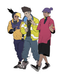  3boys absurdres black_gloves black_hair blonde_hair brown_hair cal_(electro_andes) cyberpunk cyberpunk:_edgerunners cyberpunk:_edgerunners_1 cyberpunk_(series) cyborg david_martinez electro_andes gloves highres jacket mohawk multicolored_hair multiple_boys pietro_(electro_andes) purple_hair reo_meatwagon_emt_jacket_(cyberpunk) shirt short_hair thesov43 trigger_(company) two-tone_hair yellow_jacket yellow_shirt 