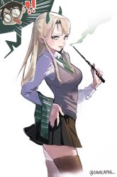  1boy 1girl black_skirt black_thighhighs blonde_hair blush breasts broken_eyewear cardigan colored_smoke commentary demon_horns earrings english_commentary eyelashes genderswap genderswap_(mtf) green_eyes green_horns green_necktie green_scarf hair_over_shoulder hand_on_own_hip harry_potter harry_potter_(series) highres hogwarts_school_uniform horns jewelry lips long_hair looking_at_viewer malfoid medium_breasts miniskirt necktie open_mouth pleated_skirt raised_eyebrow sawolapril scarf school_uniform shirt simple_background skirt slytherin smile smirk smoke smoking_barrel striped_clothes striped_necktie thigh-highs twitter_username upper_body wand white_background white_shirt wizarding_world zettai_ryouiki 