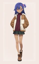  1girl blue_eyes blush boots brown_boots brown_sleeves casual closed_mouth commentary crack_lack_good_luck dark-skinned_female dark_skin full_body green_skirt grey_background hair_between_eyes hair_bobbles hair_ornament hands_in_pockets highres hood hooded_jacket jacket lace-up_boots light_smile long_sleeves looking_at_viewer medium_hair miniskirt official_art one_side_up open_clothes open_jacket plaid_clothes plaid_skirt pleated_skirt red_sweater simple_background skirt solo standing sweater tft_(tft7822) thick_eyebrows tsuchimikado_miko turtleneck turtleneck_sweater violet_eyes white_jacket 