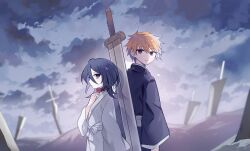  1boy 1girl back-to-back backlighting black_hair black_kimono bleach brown_eyes choker closed_mouth clouds cloudy_sky collar commentary_request cowboy_shot g_ieep hand_up japanese_clothes kimono korean_commentary kuchiki_rukia kurosaki_ichigo long_sleeves looking_at_viewer looking_back medium_hair multiple_swords orange_hair outdoors planted planted_sword red_collar short_hair sideways_glance sky smile spiky_hair straight_hair sword violet_eyes weapon white_kimono wide_sleeves 