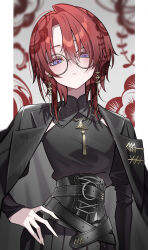  1girl absurdres ange_katrina ange_katrina_(9th_costume) belt black_belt black_coat black_corset black_shirt black_skirt blue_eyes blush coat coat_on_shoulders collared_shirt commentary_request corset curtained_hair eyewear_strap flat_chest floral_background glasses gold_necklace gradient_eyes grey_background grey_coat hair_between_eyes hand_on_own_hip highres jewelry lapel_pin lapels long_bangs looking_at_viewer medium_hair multicolored_eyes multiple_belts necklace nijisanji notched_lapels parted_lips patterned_hair pendant pink_eyes pleated_skirt red_hair round_eyewear shirt shirt_tucked_in single_hair_intake skirt sleeves_past_wrists solo terea236565905 two-sided_coat two-sided_fabric upper_body virtual_youtuber wolf_cut yellow-framed_eyewear 