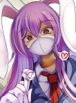 1girl animal_ears commentary_request from_below gloves grey_jacket hair_between_eyes heart highres holding jacket kana_(user_rkuc4823) long_hair mask mouth_mask multicolored_hair necktie purple_hair rabbit_ears red_necktie redhead reisen_udongein_inaba solo spoken_heart streaked_hair touhou upper_body white_gloves 