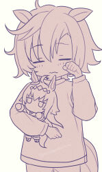  1girl animal_ears character_doll closed_eyes closed_mouth commentary_request cowboy_shot doll hair_between_eyes hand_up holding holding_doll horse_ears horse_girl horse_tail long_sleeves monochrome nnmkmwakaranai oguri_cap_(umamusume) shirt short_hair simple_background solo t.m._opera_o_(umamusume) tail twitter_username umamusume white_background 