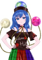  1girl :| absurdres bare_shoulders black_choker black_shirt blue_eyes blue_hair breasts chain choker closed_mouth clothes_writing commentary_request cowboy_shot dot_nose earth_(ornament) expressionless gold_chain heart heart_in_eye hecatia_lapislazuli highres long_hair looking_at_viewer moon_(ornament) multicolored_skirt off-shoulder_shirt off_shoulder rakugaki_kontena shirt short_sleeves simple_background skirt small_breasts solo symbol_in_eye t-shirt touhou underworld_(ornament) variant_set white_background 