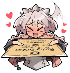 >_< 1girl ahoge ahoge_wag black_gloves blush closed_eyes commentary_request cropped_jacket dress elphelt_valentine expressive_hair gloves grey_hair guilty_gear guilty_gear_strive hairband heart holding holding_paper itsuka_neru jacket marriage_certificate_(object) open_clothes open_jacket open_mouth paper pink_hairband pink_jacket short_hair simple_background solo spiked_jacket upper_body white_background white_dress 