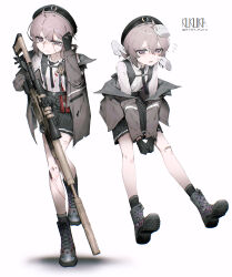  1girl absurdres ahoge ankle_socks bandaid bandaid_on_face black_boots black_gloves black_hat black_necktie black_skirt black_socks bolt_action boots breast_pocket brown_jacket cheek_pinching chest_strap cheyanne_(girls'_frontline_2) cheytac_m200 chromatic_aberration collared_shirt commentary cup damaged disembodied_hand double-parted_bangs fake_blood flying_sweatdrops girls'_frontline_2:_exilium girls_frontline gloves grey_hair gun hair_between_eyes hat headpat highres holding holding_cup jacket long_hair long_sleeves looking_at_viewer low_ponytail m200_(girls'_frontline) magazine_(weapon) multiple_girls necktie open_clothes open_jacket pinching pink_eyes pleated_skirt pocket ponytail rifle scope shadow shirt sidelocks simple_background skirt sniper_rifle socks suppressor tr07 twitter_username weapon white_background white_shirt 