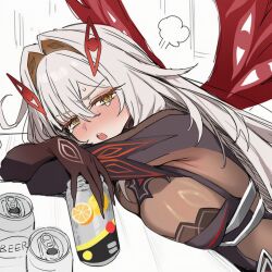  1girl black_bodystocking black_claws black_dress bodystocking breast_press breasts cowlick dress drink drunk eye_hair_ornament eye_symbol eyes_on_wings genshin_impact hair_intakes highres holding holding_drink large_breasts linjidesu long_hair looking_at_viewer red_wings ronova_(genshin_impact) side_ahoge snowflake_pupils solo tears unfinished white_background wings yellow_eyes 