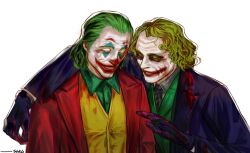  2boys absurdres arm_around_shoulder batman_(series) black_gloves blood blood_on_clothes buttons closed_eyes clown_makeup collared_shirt commentary dc_comics dual_persona facepaint gloves green_hair green_shirt green_vest grey_shirt hair_behind_ear hair_slicked_back highres jacket joker_(2019) joker_(dc) lapels male_focus medium_hair multiple_boys necktie open_clothes open_jacket parted_lips purple_jacket red_jacket sgkg108 shirt simple_background smile suit_jacket untranslatable_commentary vest wavy_hair white_background wing_collar yellow_vest 
