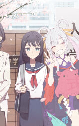  3girls absurdres aged_down auklet5580 bag bare_shoulders black_hair black_skirt cherry_blossoms child cho_kaguya-hime! closed_eyes commentary_request facing_viewer green_eyes grin hair_ornament hair_rings hair_stick halterneck highres long_sleeves looking_at_viewer mother_and_child mother_and_daughter multiple_girls parent_and_child pink_hair purple_nails runami_yachiyo runami_yachiyo_(tsukuyomi) sailor_collar sakayori_iroha sakayori_momiji school_uniform shide shoulder_bag skirt smile v white_hair wide_sleeves 