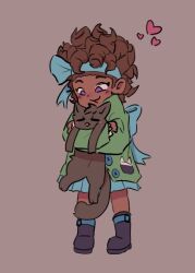  1girl :3 a_hat_in_time animal belt belt_boots belt_buckle black_boots black_cat blue_belt blue_bow blue_hairband blue_skirt boots bow bow_hairband bow_kid brown_background brown_hair buckle buttons cat child closed_mouth commentary dark-skinned_female dark_skin english_commentary frilled_sleeves frills full_body green_jacket hairband head_on_head head_rest heads_together heart holding holding_animal holding_cat hug jacket kinky_hair long_sleeves looking_at_animal looking_down princesskuutti short_hair skirt solo violet_eyes 