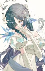  1girl absurdres bare_shoulders blue_eyes commentary cowboy_shot dress elbow_gloves english_commentary fins fish genshin_impact gloves green_hair hair_over_one_eye hand_to_own_mouth head_fins highres instrument jewelry long_hair looking_at_viewer lyre mu_ooa necklace official_alternate_costume pearl_necklace silver_tiara simple_background solo very_long_hair vodyanitsa_(bard)_(genshin_impact) vodyanitsa_(genshin_impact) white_background white_dress white_gloves 