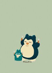  absurdres claws closed_mouth evolutionary_line fangs fork green_fur highres munchlax no_humans open_mouth pokemon pokemon_(creature) simple_background snorlax spoon standing zozozoshion 