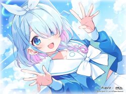  1girl arona_(blue_archive) blue_archive blue_hair blue_halo blue_shirt blue_sky bow_hairband braid choker colored_inner_hair hairband halo looking_at_viewer multicolored_hair neckerchief official_art open_hands open_mouth pink_hair ribbon sailor_collar school_uniform serafuku shirt short_hair single_braid skirt sky tomari_(veryberry00) upper_body white_choker white_neckerchief white_ribbon white_sailor_collar white_skirt 