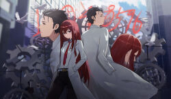  1boy 1girl absurdres black_hair black_pantyhose black_shorts coat grey_eyes hatarisu_(pixiv_59124553) highres lab_coat long_hair makise_kurisu necktie okabe_rintarou pantyhose red_hair red_necktie science_adventure shirt short_shorts shorts steins;gate thighs white_coat white_shirt 