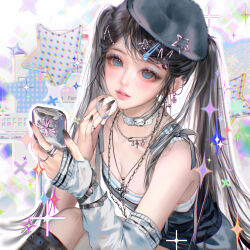  1girl absurdres beret black_hair blue_eyes blush chinese_commentary choker colorful commentary_request cross cross_necklace fingerless_gloves gloves hat highres holding holding_mirror jewelry long_hair looking_at_viewer mirror nail_polish necklace original red_lips solo twintails yiyi 