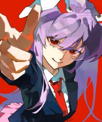 1girl absurdres animal_ears black_jacket commentary eyelashes finger_gun highres jacket long_hair looking_at_viewer necktie pink_skirt pointing pointing_at_viewer rabbit_ears rabbit_girl red_background red_eyes red_necktie reisen_udongein_inaba shirt simple_background skirt smile solo thitora touhou violet_eyes white_shirt 