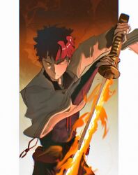  1boy black_vest commentary covered_abs emiya_shirou fate/grand_order fate_(series) fire hajo_illust highres holding holding_sword holding_weapon japanese_clothes katana male_focus messy_hair nagatekkou red_hair senji_muramasa_(fate) senji_muramasa_(second_ascension)_(fate) solo spiky_hair sword toned toned_male vest weapon yellow_eyes 