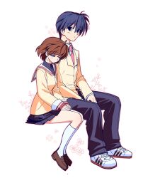  1boy 1girl absurdres antenna_hair ban_(bango) blue_eyes blue_hair blush brown_hair clannad closed_eyes commentary_request furukawa_nagisa highres hikarizaka_private_high_school_uniform jacket korean_commentary long_sleeves okazaki_tomoya pleated_skirt sailor_collar school_uniform serafuku short_hair skirt white_sailor_collar yellow_jacket 