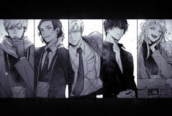  1girl 4boys :d aaa_drawing akeuraji_tsukasa gloves greyscale hand_up id_card jakuzure_yudai lanyard letterboxed long_sleeves mature_male medalist_(manga) monochrome multiple_boys necktie riley_fox short_hair smile sonidori_shin'ichirou suit yodaka_jun 