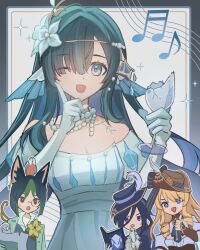  1boy 3girls 8bm9r animal_ears bird blonde_hair blue_eyes blue_hair book broken_glass brown_eyes clorinde_(game_master)_(genshin_impact) clorinde_(genshin_impact) commentary_request cup detached_sleeves finger_to_cheek finger_to_own_chin fins flower genshin_impact glass hair_between_eyes hair_flower hair_ornament hair_over_one_eye hands_up hat hat_feather head_fins highres holding holding_book holding_cup jewelry long_hair multiple_girls musical_note navia_(genshin_impact) navia_(marechaussee_hunter)_(genshin_impact) necklace one_eye_closed open_mouth pale_skin pearl_necklace short_hair sparkle sweatdrop thumbs_up tighnari_(genshin_impact) tighnari_(rebel)_(genshin_impact) upper_body violet_eyes vodyanitsa_(bard)_(genshin_impact) vodyanitsa_(genshin_impact) white_flower yellow_flower 