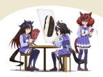  3girls animal_ears arrow_(symbol) black_hair blue_eyes bow breasts brown_background brown_footwear brown_hair card closed_mouth commentary_request duramente_(umamusume) gradient_hair hair_ornament hairclip highres holding holding_card horse_ears horse_girl horse_tail kitasan_black_(umamusume) loafers long_hair medium_breasts multicolored_hair multiple_girls nice_nature_(umamusume) pleated_skirt profile purple_shirt purple_skirt purple_thighhighs red_eyes school_uniform shaded_face shadow shirt shoes sitting skirt streaked_hair sweat table tail thigh-highs tonbi tracen_school_uniform translation_request turn_pale twintails two-tone_background two_side_up umamusume v-shaped_eyebrows very_long_hair white_background white_bow white_hair 