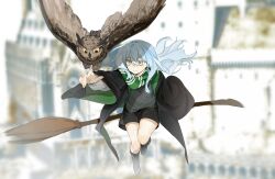  1other absurdres androgynous bird black_robe black_shorts blue_hair broom broom_riding commentary_request green_robe green_scarf hair_between_eyes harry_potter_(series) highres hogwarts_school_uniform holding holding_broom long_hair open_clothes open_robe owl quidditch rimuru_tempest robe scarf school_uniform shorts slytherin soanshu striped_clothes striped_scarf tensei_shitara_slime_datta_ken two-tone_robe wizarding_world yellow_eyes 