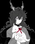  1boy animal arknights black_background closed_mouth collared_shirt ebenholz_(arknights) goat hair_between_eyes holding holding_animal horns long_hair long_sleeves looking_at_viewer male_focus monochrome outline rio_(rio773) shirt simple_background solo spot_color upper_body violet_eyes white_outline 