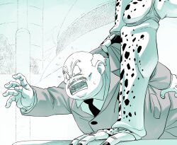  1boy amayuki318 arthropod_limbs bald black_nails blue_background business_suit cell_(dragon_ball) commentary_request dragon_ball dragon_ball_z facial_hair fat gradient_background grey_hair highres imperfect_cell knee_pads lower_body monochrome monster muscular muscular_male mustache necktie out_of_frame outstretched_arm scared suit white_background 