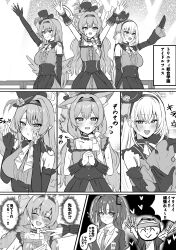  1boy 4girls absurdres animal_ear_fluff animal_ears arm_behind_back bare_shoulders blue_archive blush cat_ears cat_girl closed_mouth collared_shirt commentary_request commission detached_sleeves doodle_sensei_(blue_archive) earrings elbow_gloves feathered_wings fingerless_gloves gloves glowstick greyscale halo hat headband high-waist_skirt highres holding holding_glowstick jacket jewelry long_hair low_twintails low_wings mari_(blue_archive) mari_(idol)_(blue_archive) mine_(blue_archive) mine_(idol)_(blue_archive) monochrome multiple_girls necktie official_alternate_costume official_alternate_hairstyle open_mouth own_hands_clasped own_hands_together pixiv_commission pointy_ears sakurako_(blue_archive) sakurako_(idol)_(blue_archive) sensei_(blue_archive) shirt skirt smile tks_rkgk top_hat translation_request twintails very_long_hair wings wrist_cuffs yuuka_(blue_archive) 