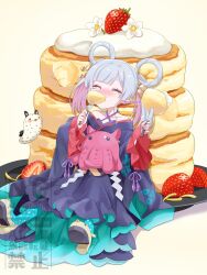  1girl absurdres animal_ears bare_shoulders blue_kimono blush cho_kaguya-hime! closed_eyes colored_inner_hair commentary_request cream dress eating floppy_ears food food_focus fork fruit hair_ornament hair_rings hair_stick halterneck highres holding holding_food holding_fork ivuki japanese_clothes kimono long_hair long_sleeves lop_rabbit_ears multicolored_hair pancake pancake_stack pink_hair plate rabbit_ears runami_yachiyo runami_yachiyo_(chibi) runami_yachiyo_(tsukuyomi) sea_slug shide smile strawberry twintails twitter_username umbrella_octopus whipped_cream white_background white_hair 