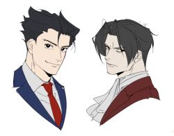  2boys ace_attorney ascot black_eyes black_hair blue_jacket closed_mouth collared_shirt commentary_request cropped_shoulders curtained_hair frown grey_hair hair_slicked_back jacket korean_commentary lapels looking_to_the_side male_focus miles_edgeworth multiple_boys necktie notched_lapels osjja1 phoenix_wright red_jacket red_necktie shirt short_hair simple_background sketch smile suit_jacket very_short_hair white_ascot white_background white_shirt wing_collar 
