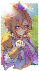  1girl absurdres armor commentary cropped_torso crown dia_(7dia_kmrhntr) english_commentary fingerless_gloves gloves grass highres horse_girl mini_crown orange_hair outdoors pointing pointing_at_viewer shirt short_hair shoulder_armor solo sunlight t.m._opera_o_(umamusume) umamusume violet_eyes watermark white_gloves white_shirt 