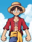  1boy abs black_eyes brown_hair clenched_hands clouds commentary cross_scar english_commentary hat highres kermittend male_focus monkey_d._luffy one_piece open_clothes open_shirt scar scar_on_cheek scar_on_chest scar_on_face smile solo sun_hat toned toned_male upper_body 