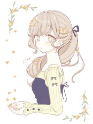  1girl akiyu blue_ribbon blue_shirt branch bright_pupils brown_eyes brown_hair commentary cropped_torso falling_flower flower from_side hair_ribbon highres long_hair long_sleeves looking_at_viewer looking_to_the_side orange_flower original parted_lips ponytail ribbon shirt signature simple_background solo turning_head untranslatable_commentary white_background white_pupils yellow_shirt 