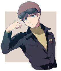  1boy absurdres amuro_ray belt bishounen black_belt black_jacket brown_background brown_hair closed_mouth collared_shirt commentary_request copyright_request curly_hair eyewear_on_head finger_to_own_head frown gundam high_collar highres index_finger_raised jacket long_sleeves looking_at_viewer male_focus mobile_suit_gundam oh_syz pointing pointing_at_self shirt short_hair simple_background solo sunglasses upper_body yellow_shirt 