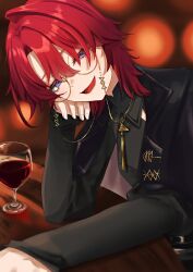  1girl :d absurdres alcohol ange_katrina ange_katrina_(9th_costume) arm_rest black_coat black_shirt blue_eyes blurry blurry_background coat coat_on_shoulders collared_shirt commentary_request counter cup curtained_hair drink drinking_glass elbow_rest eyewear_strap glasses gold_necklace gradient_eyes hair_between_eyes half-closed_eyes hand_on_own_cheek hand_on_own_face hand_up head_rest head_tilt highres jewelry kotoriya lapel_pin lapels lips long_bangs looking_at_viewer medium_hair multicolored_eyes necklace nijisanji notched_lapels open_mouth orange_background pendant red_hair round_eyewear shirt single_hair_intake sleeves_past_wrists smile solo upper_body violet_eyes virtual_youtuber wine wine_glass yellow-framed_eyewear 