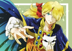  1boy aqua_eyes blonde_hair blue_cape bow cape closed_mouth commentary hair_bow hair_over_one_eye highres holding holding_mask long_hair looking_at_viewer low_ponytail male_focus mask nekokan201 one_eye_covered orange_tunic ponytail red_bow smile solo tengai_makyou tengai_makyou_fuuun_kabuki-den tunic upper_body white_sleeves zeami_(tengai_makyou) 