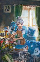  1girl absurdres ahoge air_conditioner alternate_costume alternate_hairstyle apron bell_pepper blue_eyes blue_hair bow bowl brown_apron can canned_food canned_soup canned_tuna commentary_request cooking cooking_pot crab curtains daikon fire fish floating_curtains food fruit furina_(genshin_impact) genshin_impact gentilhomme_usher hair_bun hair_ornament hair_scrunchie hairclip hat heterochromia highres holding holding_tongs indoors kitchen kitchen_knife knife lemon looking_at_another mademoiselle_crabaletta mismatched_pupils multicolored_hair octopus olive_oil open_can open_window pasta pepper_mill radish salt salt_shaker scrunchie seahorse shirt short_sleeves sink spaghetti steam stove streaked_hair suke_omi surintendante_chevalmarin t-shirt tasting tongs top_hat water white_hair white_shirt window 