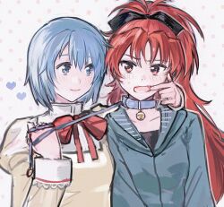 2girls animal_collar black_bow blue_collar blue_eyes blue_hair blush bow bowtie closed_mouth collar dotted_background fang green_hoodie grey_background hair_bow heart high_collar holding holding_collar holding_leash hood hoodie inmy_veins leash long_hair long_sleeves mahou_shoujo_madoka_magica mahou_shoujo_madoka_magica_(anime) miki_sayaka mitakihara_school_uniform multiple_girls open_mouth ponytail red_bow red_bowtie red_eyes red_hair sakura_kyoko school_uniform short_hair sweater upper_body white_collar yellow_sweater yuri 